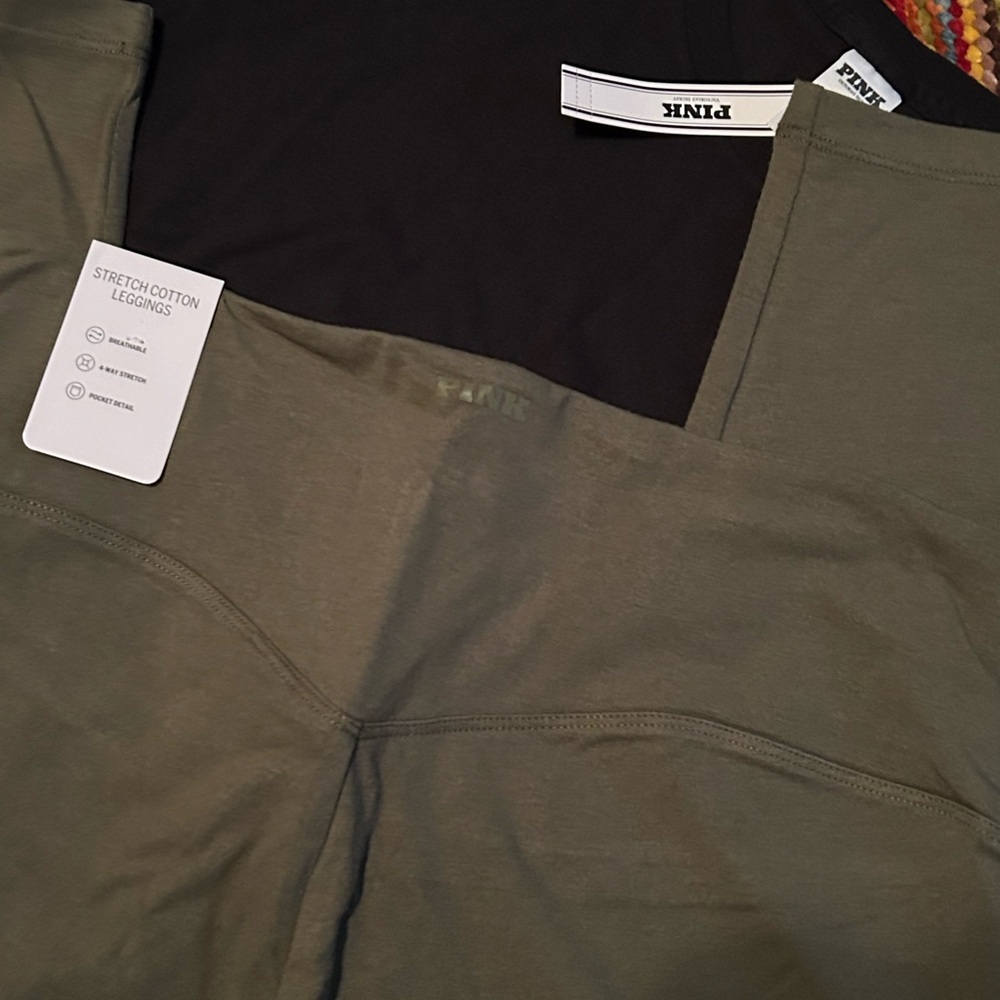 PINK Victoria's Secret cotton tee & leggings bundle size large New black Olive - Picture 9 of 12